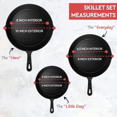 Cast Iron Skillet 3-Piece Set - Heavy-Duty Professional Restaurant Chef Quality Pre-Seasoned Pan Cookware Set - 10", 8", 6" Pans - For Frying, Saute, Cooking, Pizza & More,Black - Image 4
