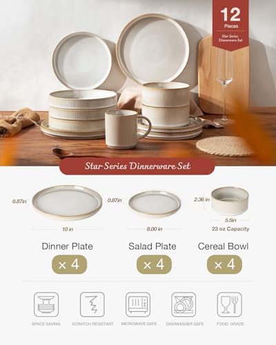 Famiware Star Dinnerware Sets, Plates and Bowls Set for 4, 12 Pieces Ribbed Dishes - Chip and Scratch Resistant, Microwave and Dishwasher Safe Tableware, Cappuccino White - Image 3