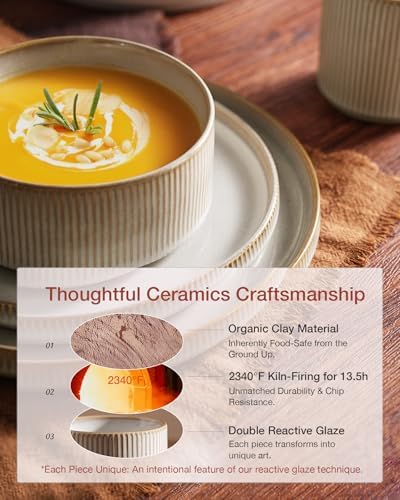 Famiware Star Dinnerware Sets, Plates and Bowls Set for 4, 12 Pieces Ribbed Dishes - Chip and Scratch Resistant, Microwave and Dishwasher Safe Tableware, Cappuccino White - Image 6