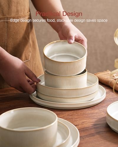Famiware Star Dinnerware Sets, Plates and Bowls Set for 4, 12 Pieces Ribbed Dishes - Chip and Scratch Resistant, Microwave and Dishwasher Safe Tableware, Cappuccino White - Image 7