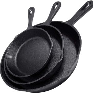 Cast Iron Skillet 3-Piece Set – Heavy-Duty Professional Restaurant Chef Quality Pre-Seasoned Pan Cookware Set – 10″, 8″, 6″ Pans – For Frying, Saute, Cooking, Pizza & More,Black