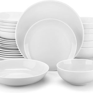 MALACASA 24-Piece Gourmet Porcelain Dinnerware Sets, Modern White Round Dish Set for 6 – Premium Serving Plates and Bowls Sets for Dessert, Salad, Soup, Pasta – Series AMELIA